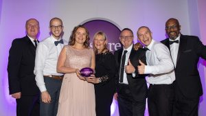 Photo taken by credit UKBE and Paul Greenwood Photography of Positive Footprints winning the Inspire award 2019